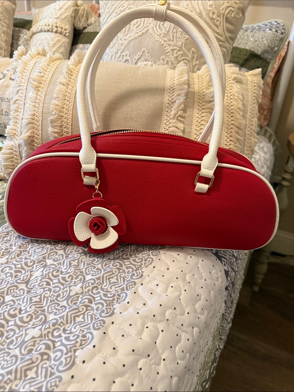 Red and White Floral Accent Shoulder Bag